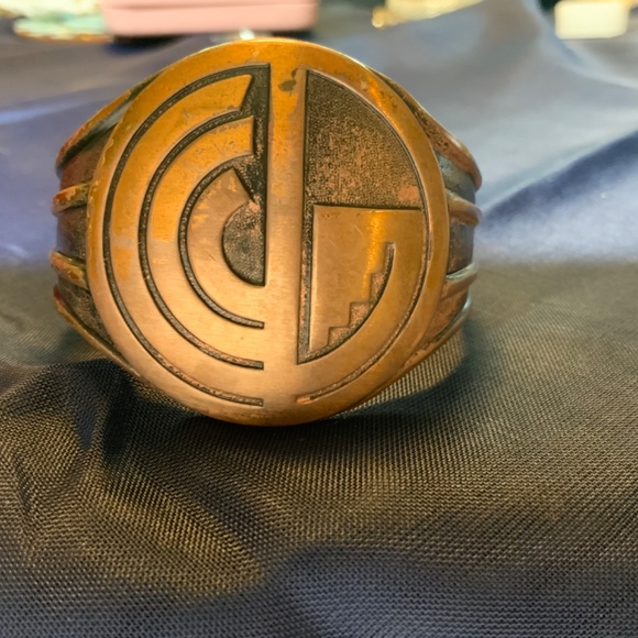 Vintage Space Style Wide Solid Copper Adjustable Engraved Cuff Bracelet - Picture 2 of 6